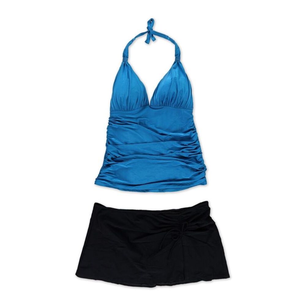 Profile Womens 2-Tone Ruched Skirtini 2 Piece Tankini, Blue, 12, MP